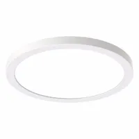 This low-profile round surface-mount LED downlight delivers 1754 lumens at 3000K color temperature. It operates on 120 to 277V AC and features an 8-inch height with a white finish and metal driver J-box. Suitable for general ambient lighting in new construction commercial or residential spaces such as offices, lobbies, and corridors