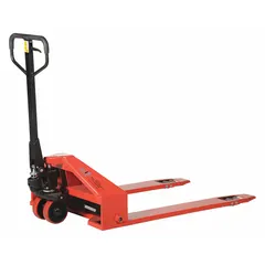 Steel pallet jack with 4-way fork design, 44 in length and 33 in width, 20 in width between forks. Suitable for moving and positioning pallets in confined spaces in warehouses and distribution centers.