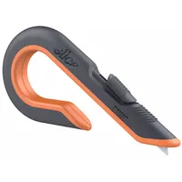 This J-Hook retracting utility knife features a ceramic rounded tip and a textured plastic handle in black and orange. The 7-inch overall length and quick-change blade mechanism facilitate cutting tasks such as opening packaging, cutting shrink wrap, and slicing strapping