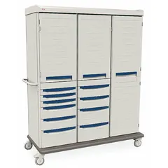 This antimicrobial mobile medical shelf cabinet from METRO features 11 shelves, 10 drawers, and 3 doors in a taupe finish. It is designed for organized storage of medical supplies in healthcare environments, with mobility to support flexible workflow.