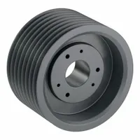 Cast-iron wedge V-belt pulley with 8 grooves and 16 in outer diameter. Bushed bore type J accommodates 8V or 8VX belt sections. Used in power transmission systems for driving compressors, pumps, and conveyors