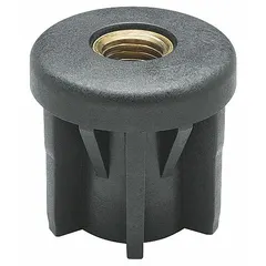 Tube end leveling mount without feet, made of nylon body with M12 thread size. Rated capacity of 1,008 lb. Used for leveling and stabilizing tubular structures in industrial machinery, conveyors, and workstations.