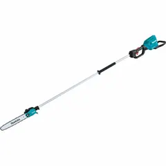 This battery-powered pole saw operates on a 36 V system and features a 10-inch blade with an 8-foot reach. Designed for trimming and pruning overhead branches and foliage, it is sold as a tool only, requiring a separate battery and charger from the MAKITA 36 V platform.