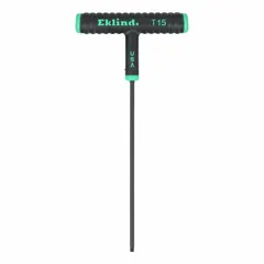 T-shaped key for Torx and Torx Plus fasteners with T15 tip size. Standard end, long arm length of 6 inches. Made of steel with black oxide finish. Suitable for tightening or loosening fasteners in assembly, repair, and maintenance tasks.