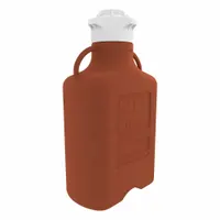 Rectangular plastic carboy with a 26.5 L capacity, made of amber-colored plastic for light-sensitive contents. Features large handles, a wide mouth with a 120 mm threaded screw cap, and volume graduations. Suitable for storing and transporting liquids in laboratory and industrial settings