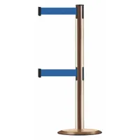 This retractable belt post barrier features a blue belt 7 1/2 ft long and 2 in wide. The post and base are constructed from steel. Used for crowd control, queue management, and safety delineation in industrial facilities, airports, and event venues