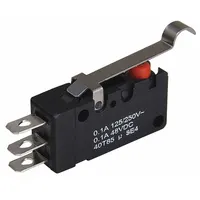 Miniature snap-action switch with simulated roller lever actuator, 1NO/1NC contact configuration, rated 6 A at 125/250 V AC. Electrical connection via 3/16 in quick-connect terminals. Suitable for position sensing and limit control in industrial equipment, HVAC systems, and appliances