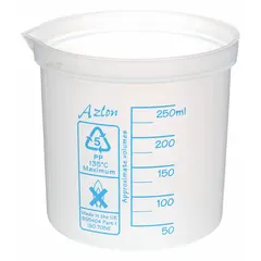 Low Form Plastic Beaker Without Handle, Polypropylene, Translucent, 250 mL, Printed Graduations