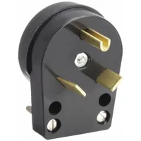 Angled plug with NEMA TT-30P configuration rated 125V AC and 30 amps. 2-pole, 3-blade design with black nylon housing. Used for RV and generator power connections requiring a grounded inlet