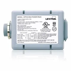 Hard-wired power and relay control unit for LED lighting. Accepts multi-voltage AC input (120/208/220/230/240/277V) and provides 24V DC output. Part of the OPP20 series. Used to control and power low-voltage lighting loads in commercial and industrial installations.