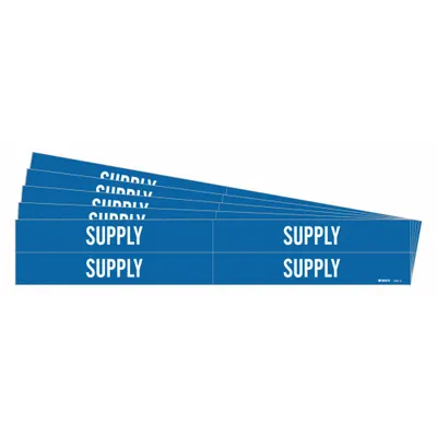 BRADY Pipe Marker: Supply, Blue, White, Fits 3/4 to 2 3/8 in Pipe O.D., 4 Pipe Markers - Supply Adhesive Pipe Markers