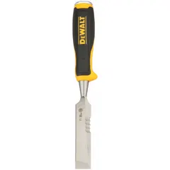 Straight tip wood chisel with 1 in blade width. Plastic handle with 5 3/16 in length. Overall length 10 3/4 in. Used for shaping, carving, and mortising wood in joinery and carpentry.