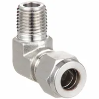 Stainless steel compression elbow with double-ferrule design, 3/8 in OD tube connection and 3/8 in male NPT thread. Used to join tubing to a male NPT port at a 90-degree angle, creating a leak-tight seal in fluid or gas systems