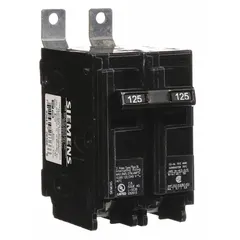 The Siemens B2125 is a 125 A, 2-pole miniature circuit breaker from the BL Series, rated 120/240V AC with a 10kA interrupting capacity. Designed for bolt-on installation in Siemens P1 panelboards, it provides overcurrent protection for single-phase branch circuits in electrical distribution systems.