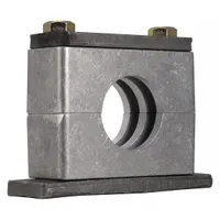 Steel clamp with aluminum cushion for securing single tubing or piping lines. Ribbed bore grips tubing while dampening vibration and noise. Suitable for industrial fluid and pneumatic systems