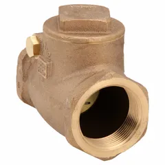This bronze inline swing check valve features a swing disc mechanism to prevent backflow in piping systems. With 1-1/2 inch FNPT connections, it is suited for non-return applications in water, oil, gas, and steam lines where reverse flow must be avoided.