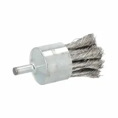 This end brush features a twisted stainless steel fill with a 0.014 in fill diameter for heavy cleaning of stainless steel surfaces. It has a 1 1/8 in diameter and a 1/4 in shank. Commonly used for removing weld scale, rust, and oxidation without contaminating the workpiece.