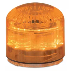 Wall-mount beacon sounder combining audible and visual warning. Operates on 12 to 24V AC/DC with NPN/PNP connection. Overall width 3 29/32 inches. Used for industrial safety, process alerts, and equipment status indication.