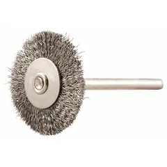 This light-cleaning brush features a crimped steel fill of 0.005" for gentle yet effective abrasive action on carbon steel surfaces. With a 1" diameter, 3/16" width, and 1/8" shank, it is suited for removing rust, paint, or light scale in metal fabrication, maintenance, and finishing tasks.