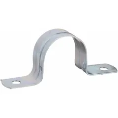 Steel two-hole conduit strap for securing 1-1/4 in IMC or RMC conduit to surfaces. Electroplated gray finish with corrosion resistance. cULus listed. Mounting hole diameter 0.25 in. Overall dimensions: 4-5/32 in length, 1-3/4 in height, 29/32 in width.