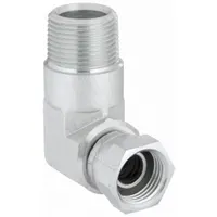 Steel hydraulic hose adapter with 90° elbow and swivel design. Female NPSM to male NPTF connection, 1/2 in x 3/4 in fitting size. Used to transition between NPSM and NPTF threads in hydraulic systems, providing a leak-resistant connection in fluid power applications
