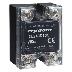 Panel-mounted solid state relay with Triac AC output, Form A (SPST-NO) configuration. Output voltage range 24 to 280V AC, maximum output current 10 A (3.5 A without heat sink). Screw clamp electrical connection, finger-safe design. Suitable for switching AC loads in industrial control systems.