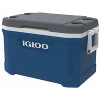 Standard chest cooler with 52 qt capacity, holding up to 76 cans. Provides 1 day ice retention. Suitable for outdoor activities, job sites, and break areas. Blue color. No drain plug or wheels included