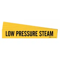 Yellow adhesive pipe marker with black legend reading 'Low Pressure Steam' for identifying low pressure steam lines. Fits pipes with outer diameter of 8 inches and larger. Pack of 5 includes one marker per pack, without directional arrows. Suitable for industrial piping systems requiring clear pipe content identification