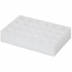 This foam vial rack holds up to 24 tubes in individual compartments, providing secure organization during sample preparation, storage, or transport. The white foam construction cushions glass or plastic tubes to reduce breakage and cross-contamination in laboratory workflows.