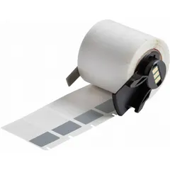 Precut wraparound label made of gray matte vinyl, measuring 1-1/2 in x 3/4 in. Designed for wire gauges 10 AWG to 4 AWG. Compatible with BMP61 printer series and requires M61-R4310 ribbon. Used for permanent identification of wires in industrial panel building, electrical maintenance, and OEM wire marking applications.