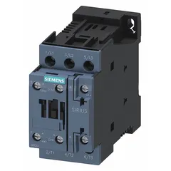 This non-reversing IEC contactor from Siemens features 3 poles with 3 normally open (NO) contacts, rated for 9 A. It operates on a 24V DC coil and includes integrated surge suppression. Suitable for switching motors, lighting, and other industrial loads in applications requiring reliable 3-pole switching.