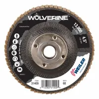 WEILER Flap Disc: Type 27, 4-1/2" x 5/8"-11, Zirconia Alumina, 60 Grit, Phenolic Bk, Std Density (MPN 31409)
