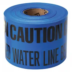 Blue polyethylene tape printed with the message 'Caution Buried Water Line Below'. Used for marking the location of buried water lines to warn excavators during digging. 1,000 ft length.