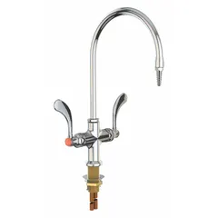 Single-post faucet for cold or hot water supply in laboratory, cleanroom, and industrial workstation settings. Chrome finish with two handles and red CW index text for separate temperature control. Features inline flow pattern and IPS inlet connection.