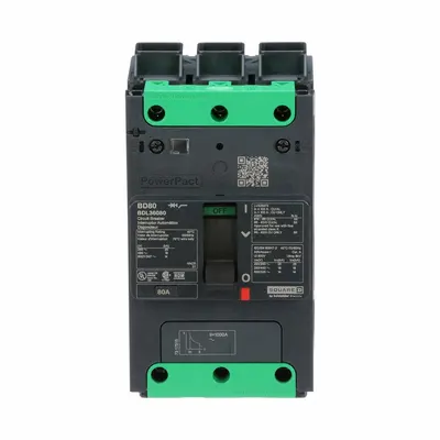 SQUARE D Molded Case Circuit Breaker: 80 A Amps, 25kA at 277/408V AC, Fixed, Everlink Lug Both Ends - B-Frame Square D Molded Case Circuit Breakers