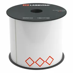 GHS die-cut label supply roll with pre-printed red GHS diamonds on vinyl, using acrylic adhesive. Compatible with LabelTac 4 printer series. Used for creating chemical hazard labels on containers and safety signage in industrial and laboratory settings.