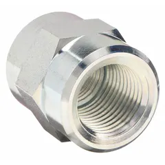 This rigid steel hydraulic hose adapter features female NPTF threads on both ends, with a 3/8 in x 1/2 in fitting size. It is designed for connecting hydraulic hoses or components with NPTF ports, providing a leak-resistant joint in high-pressure fluid systems. Commonly used in industrial machinery and hydraulic power units.