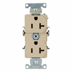 This duplex general purpose receptacle is rated 125V AC, 20 A, with a NEMA 5-20 configuration (2 Pole / 3 Wire) in an ivory finish. It is used for power distribution in commercial and industrial settings, providing a 20-amp, 125-volt connection for equipment such as office machinery and light-duty tools.