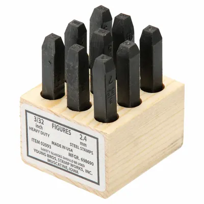 YOUNG BROS. STAMP WORKS Hand Stamp Kit: 0 thru 9 (6 doubles as 9), 3/32 in Character Ht, Steel - Heavy-Duty Sharp-Face Hand Stamps