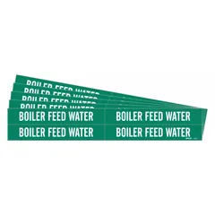 Green adhesive pipe marker with white legend reading 'Boiler Feed Water'. Fits pipe outer diameters from 3/4 to 2-3/8 inches. Pack includes 4 markers without directional arrows. Used to identify pipes carrying boiler feed water in industrial facilities.