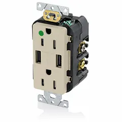 Duplex receptacle with two USB Type A charging ports, rated 125V AC, 15A, 5-15R configuration. Ivory finish. Hospital-grade construction suitable for healthcare and clinical environments requiring reliable power and device charging.