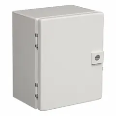 Steel enclosure with a solid hinged cover, painted finish, and 1/4-turn latch closure. Measures 300 mm x 250 mm x 125 mm. Used to house and protect electrical components, wiring, and controls in industrial environments such as panel building, automation, and machinery applications.