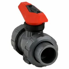 This PVC ball valve features a full-port straight pattern with FNPT female threaded ends on both sides. The lever handle provides manual on/off flow control. Typical applications include water, chemical, and corrosive fluid handling in industrial piping systems.