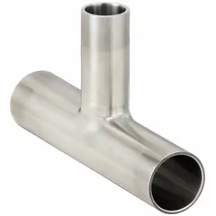 This sanitary tee fitting is made of 316L stainless steel with a 3 in OD x 3 in OD x 1 in OD size and weld connections. It is used in hygienic piping systems to split or combine flow, meeting ASME BPE standards for cleanability and corrosion resistance.