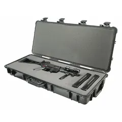 This PELICAN standard long case is constructed of plastic with a black finish. It features a convoluted/solid interior, a double throw closure, and two wheels for transport. Typical applications include protecting and transporting sensitive equipment such as cameras, tools, or electronics in industrial and field-service environments.