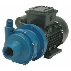 Magnetic-drive straight centrifugal pump with 1/2 hp single-phase motor, 230V AC. Polypropylene body and EPDM gasket. Used for transferring corrosive or sensitive fluids in chemical processing, plating, and water treatment.