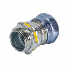 Steel compression conduit connector with 3 in trade size and 3 15/16 in overall length. Non-insulated, gray finish, rain-tight for secure terminations in wet or dry locations. Used for rigid metal conduit in electrical systems.