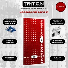 Steel pegboard panel with epoxy-coated black finish. Features 3/8 in round holes for standard hooks and accessories. Includes mounting hardware. Suitable for organizing tools and equipment in workshops, garages, and industrial storage areas.
