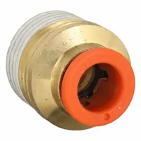 This brass push-to-connect adapter fitting connects 5/16 in OD tubing to a 3/8 in male NPT port. It is used in pneumatic systems for compressed air lines, automation equipment, and industrial machinery. The white finish and brass construction provide corrosion resistance
