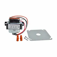 Open-style Class 2 transformer with 50 VA rating. Primary input accepts 240V AC via wire leads; secondary output provides 28V AC through screw terminals. Includes primary fuse and foot mounting for panel or equipment installation. Suitable for low-voltage control circuits in HVAC, boiler, and industrial automation applications.